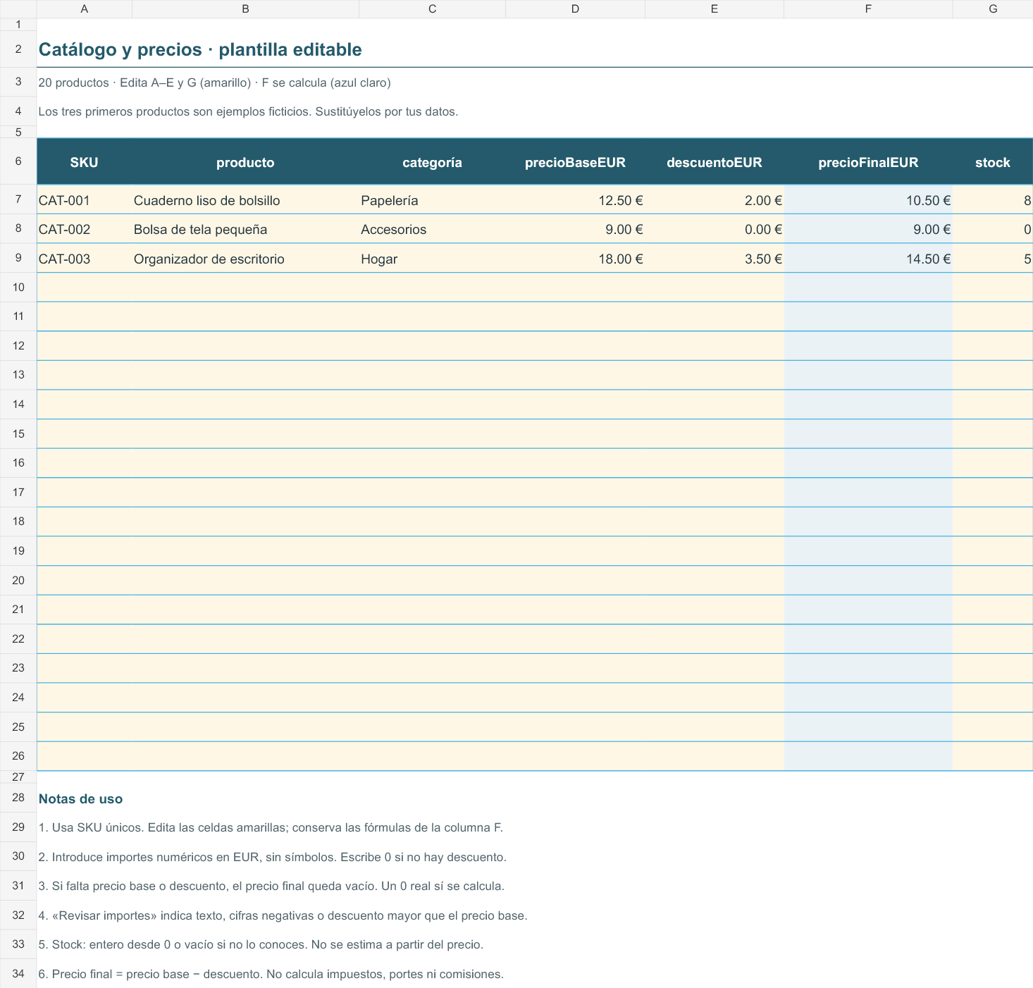 Vista real de la plantilla: columnas de producto, precio base, descuento, precio final y stock, con tres ejemplos ficticios