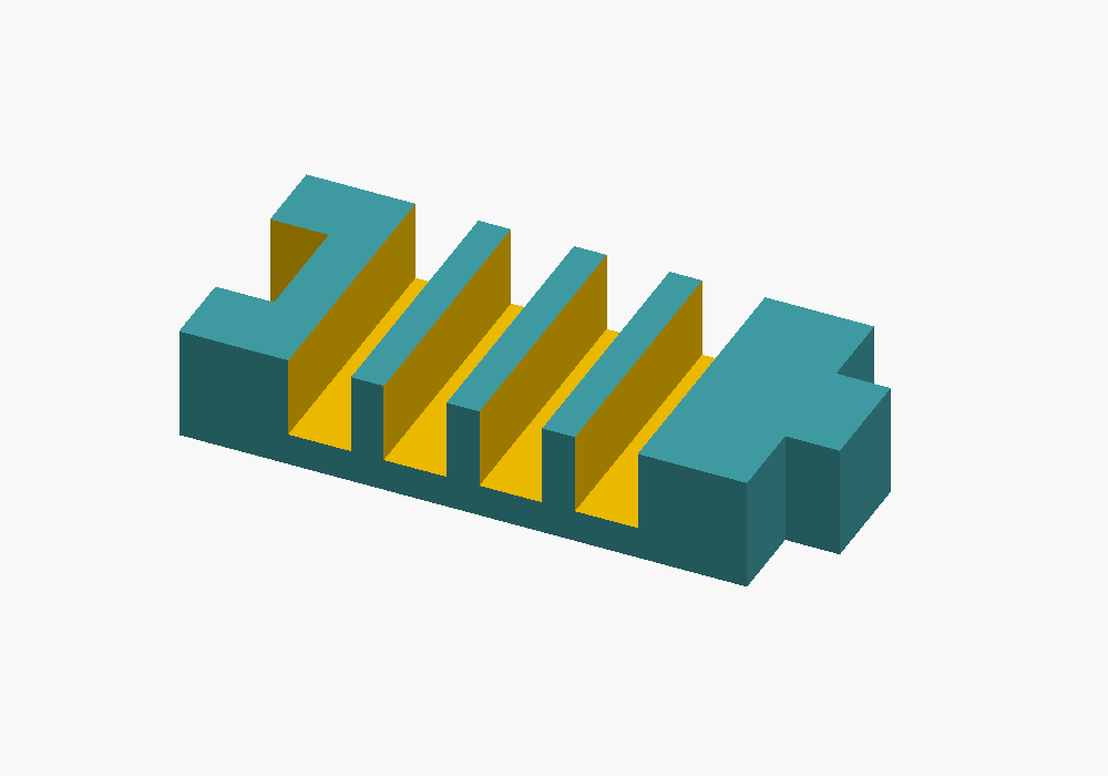 Vista CAD real del organizador modular: cuatro canales abiertos y unión lateral